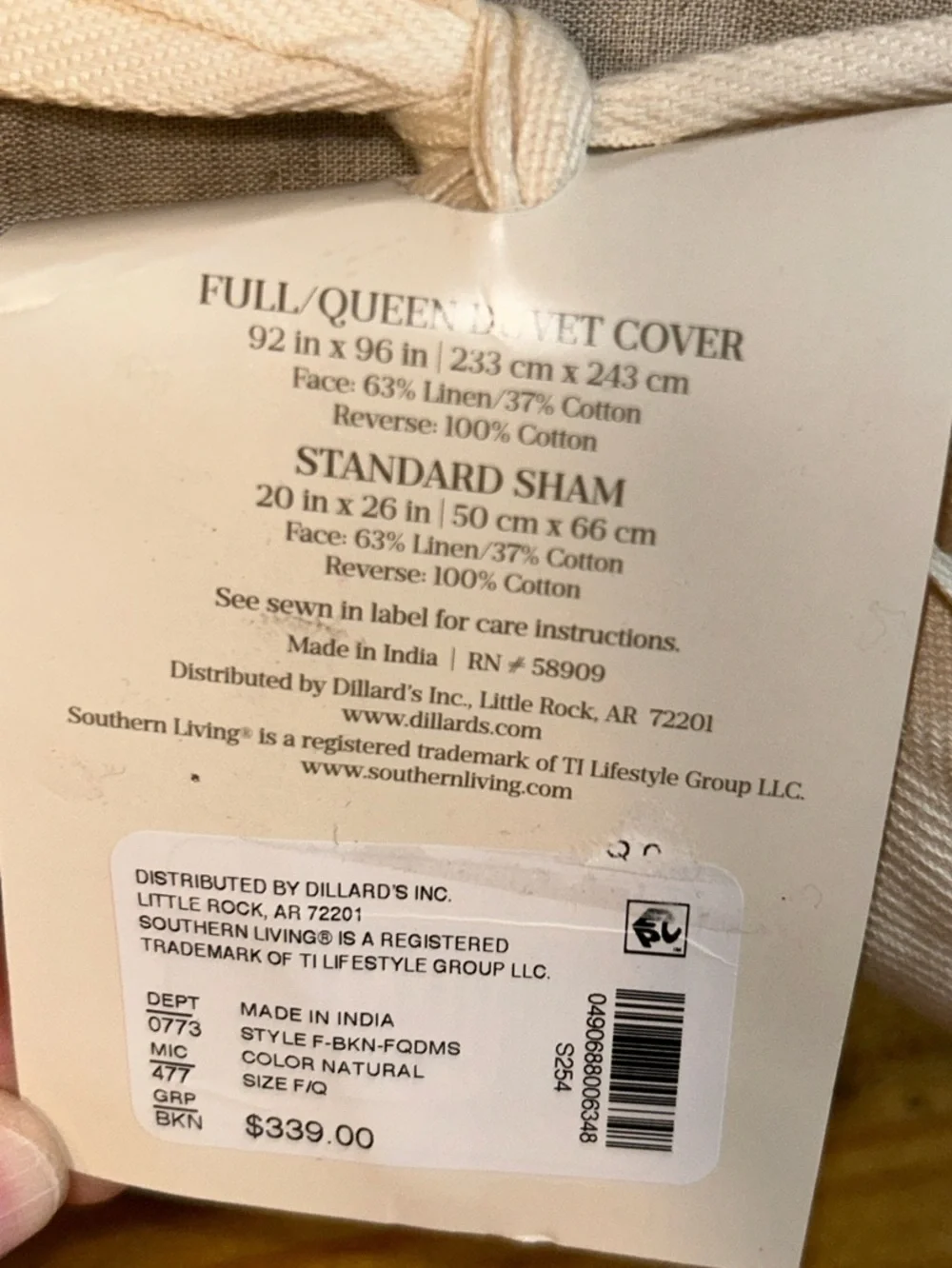 Southern Living Brooke Natural Ruffled Linen Blend Full/Queen Duvet NWT $339